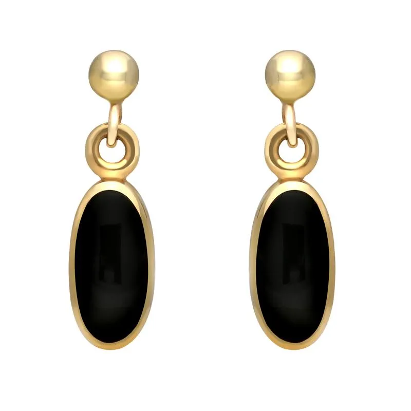 9ct Yellow Gold Whitby Jet Small Long Oval Drop Earrings sold by Jura Watches