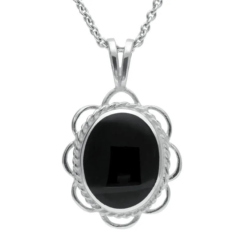 Sterling Silver Whitby Jet Rope Edged Oval Frill Necklace sold by Jura Watches