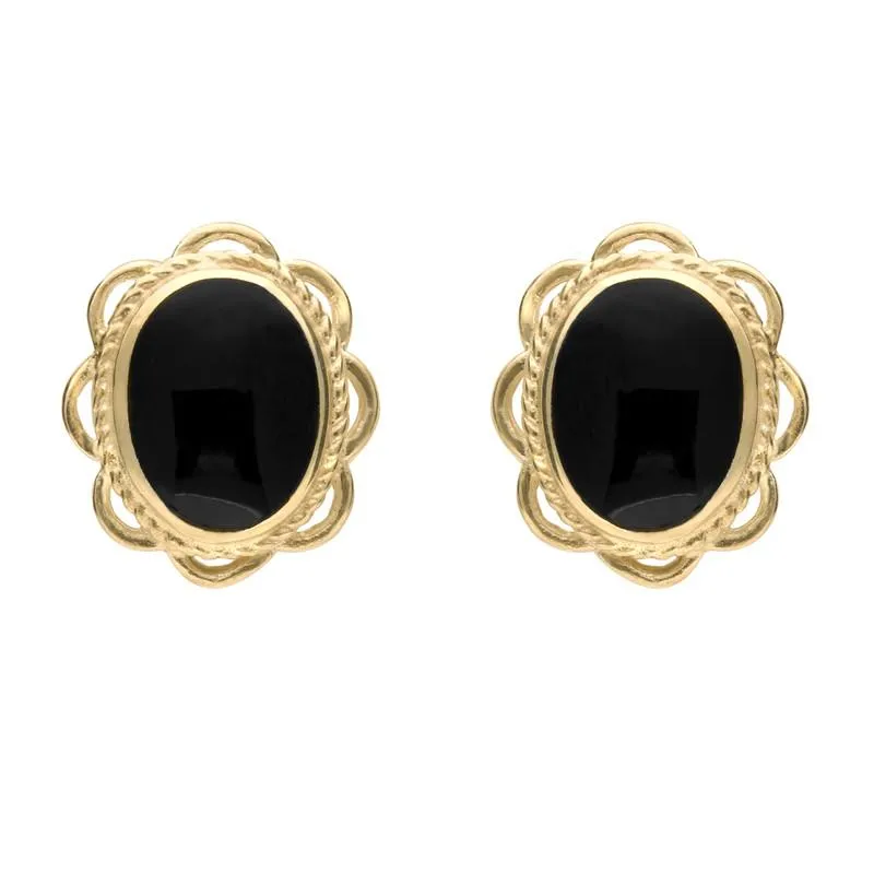 9ct Yellow Gold Whitby Jet Large Rope Oval Frill Stud Earrings sold by Jura Watches