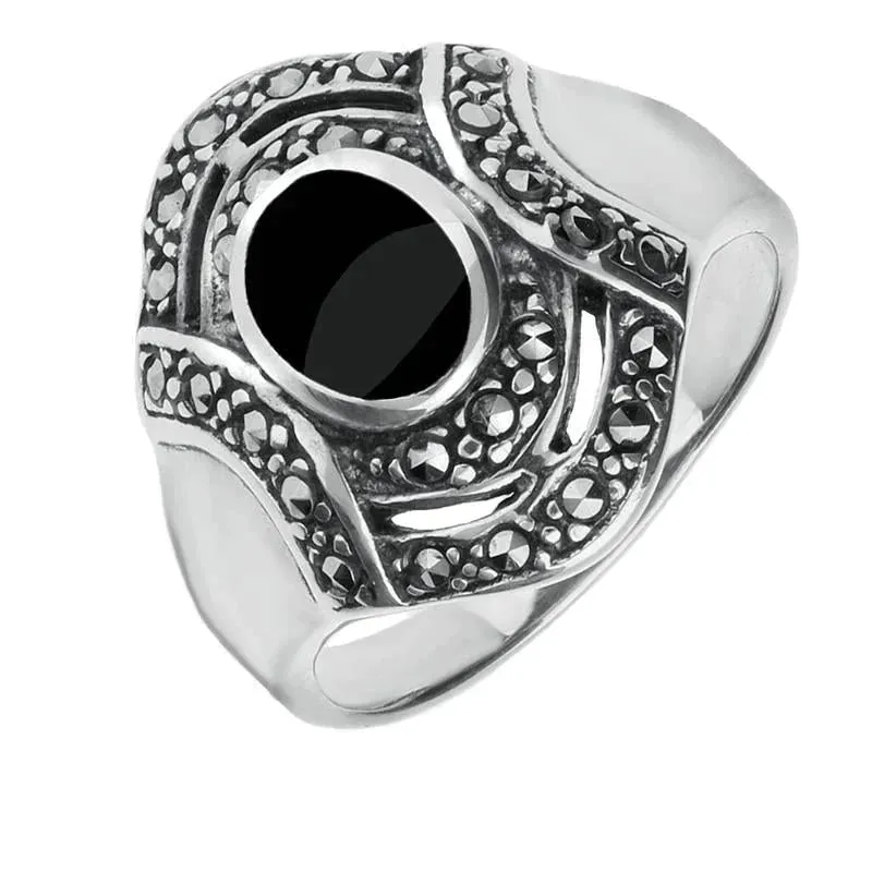 Sterling Silver Whitby Jet Marcasite Oval Stone Framed Shaped Ring sold by Jura Watches