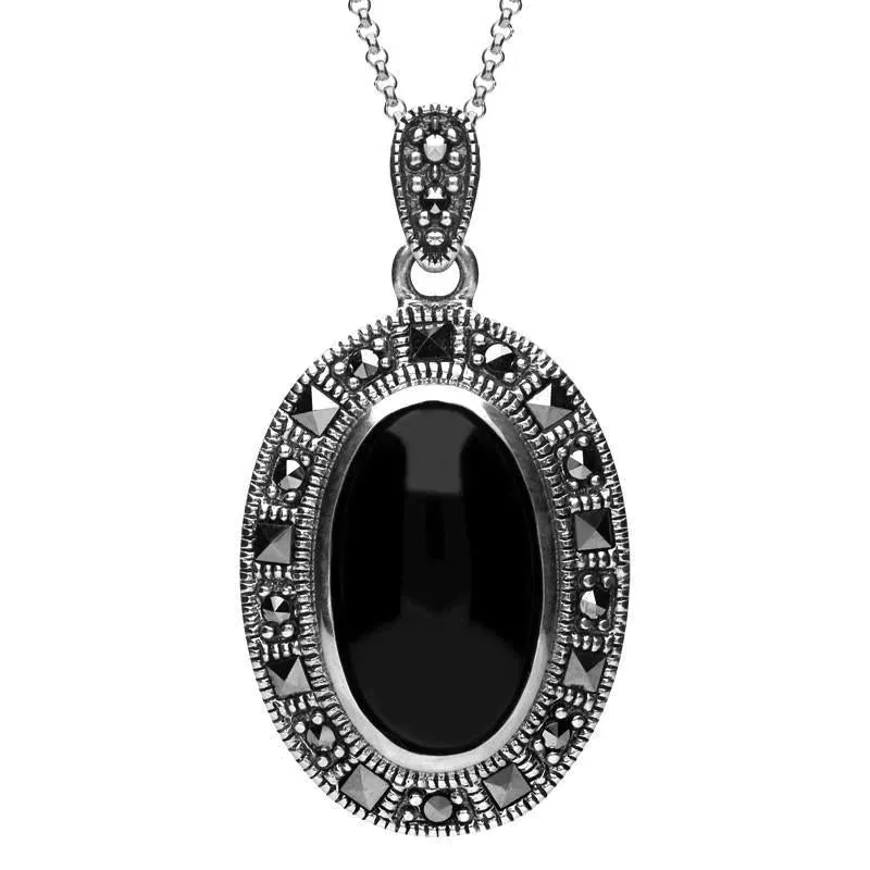 Sterling Silver Whitby Jet and Marcasite Beaded Edge Necklace sold by Jura Watches