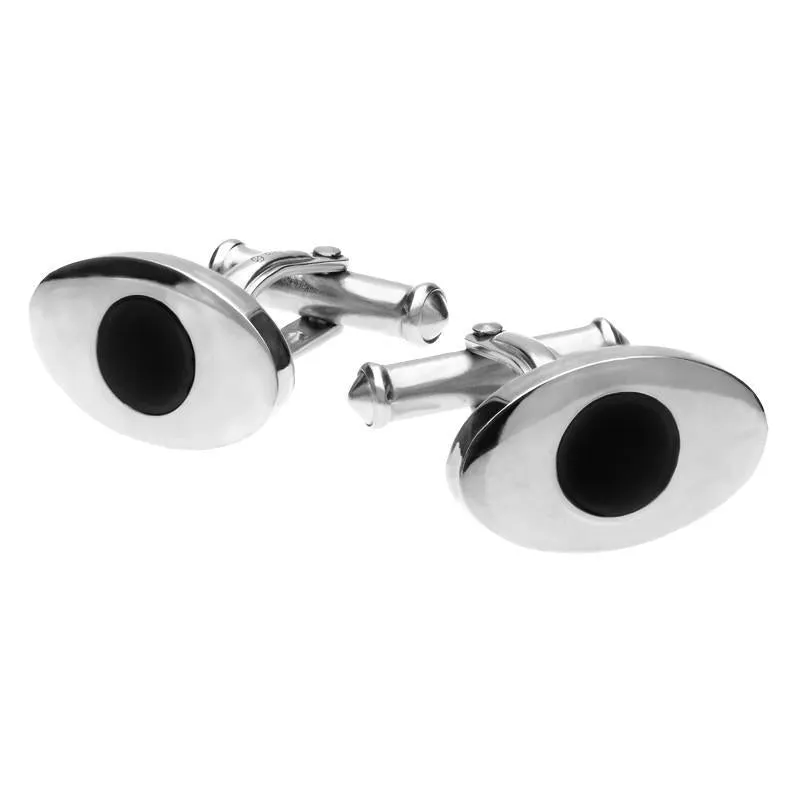 Sterling Silver Whitby Jet Flat Oval Round Stone Cufflinks sold by Jura Watches