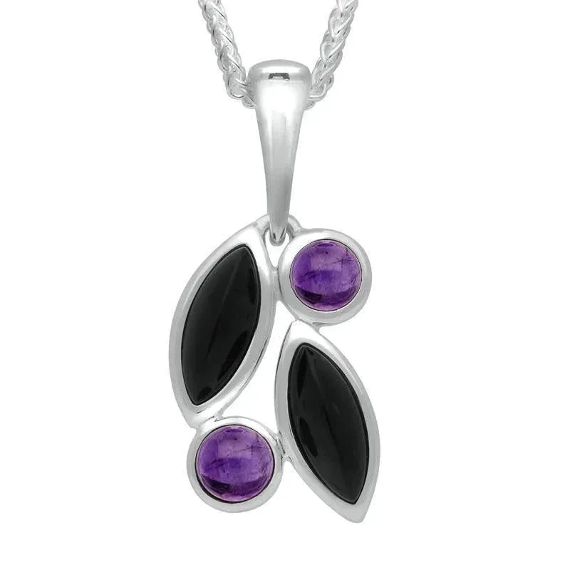 Sterling Silver Whitby Jet Amethyst Four Stone Leaf Necklace sold by Jura Watches