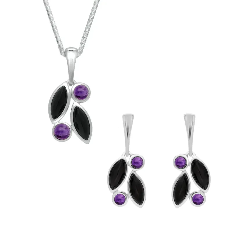 Sterling Silver Whitby Jet Amethyst Four Stone Leaf Drop Two Piece Set sold by Jura Watches