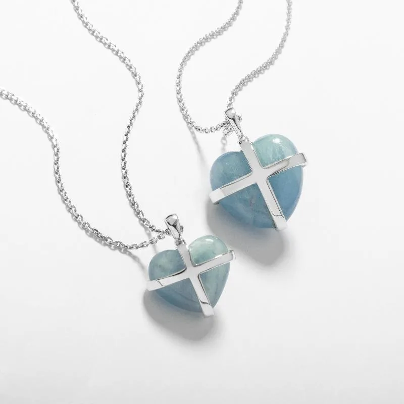 18ct White Gold Aquamarine Small Cross Heart Necklace sold by Jura Watches product image thumbnail 2