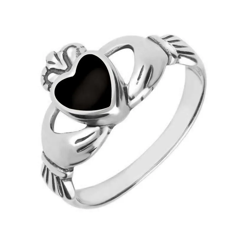 9ct White Gold Whitby Jet Claddagh Set Ring sold by Jura Watches
