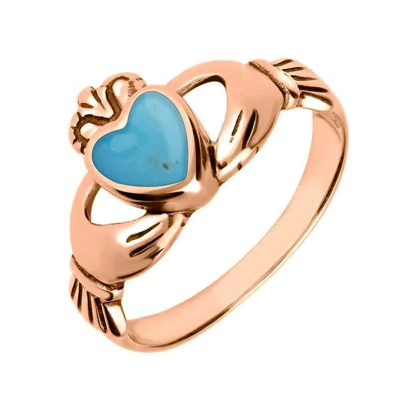 9ct Rose Gold Turquoise Claddagh Set Ring sold by Jura Watches
