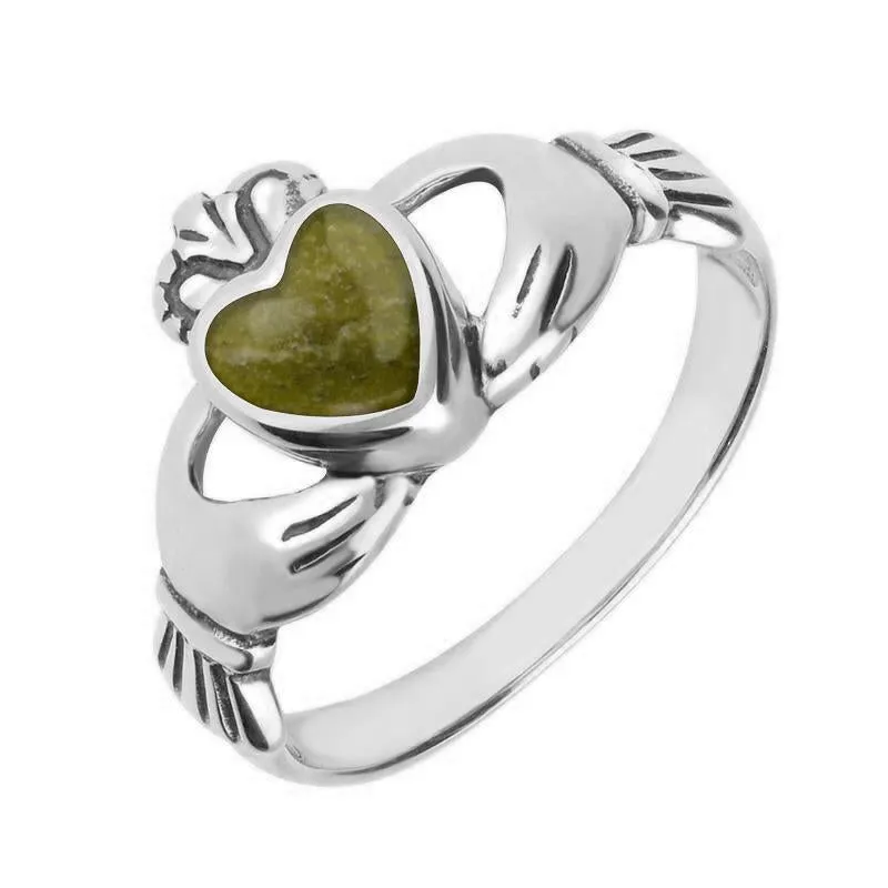 9ct White Gold Connemara Green Marble Claddagh Set Ring sold by Jura Watches
