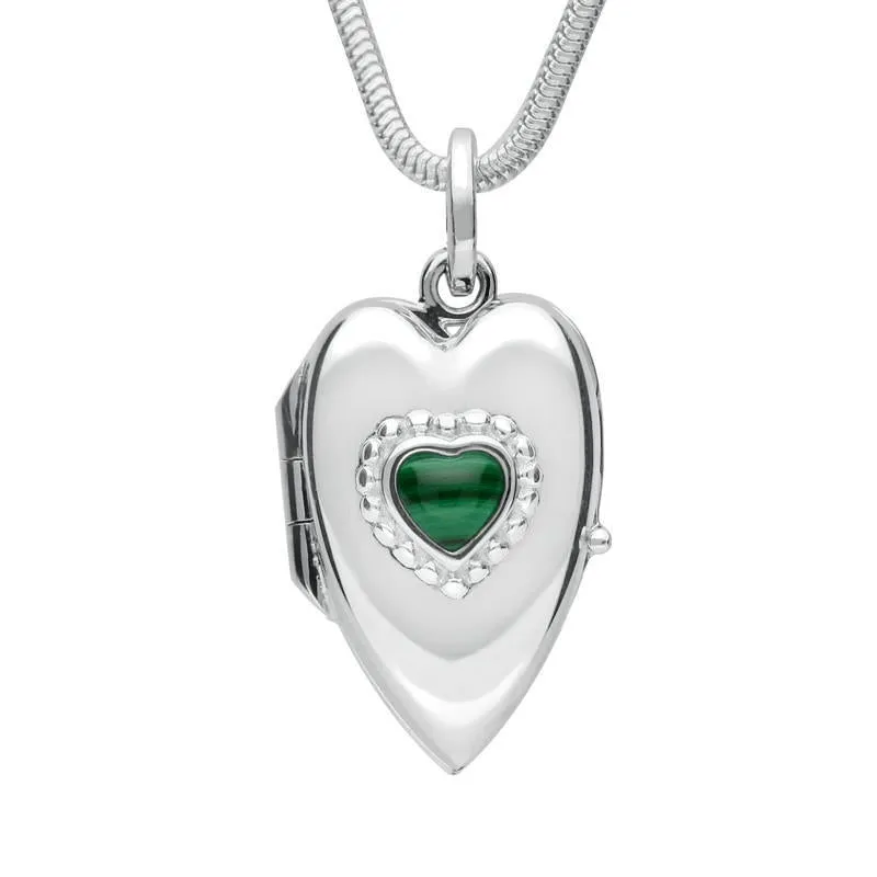 Sterling Silver Malachite Beaded Edge Heart Locket Necklace sold by Jura Watches