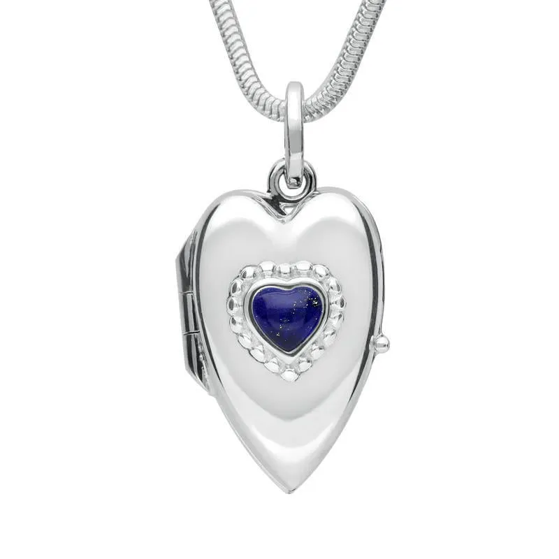 Sterling Silver Lapis Lazuli Beaded Edge Heart Locket Necklace sold by Jura Watches