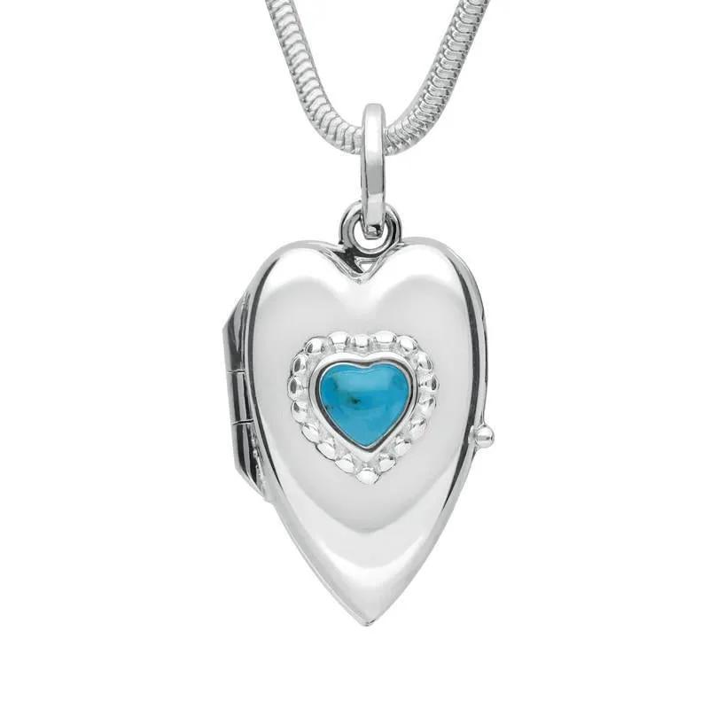 Sterling Silver Turquoise Beaded Edge Heart Locket Necklace sold by Jura Watches