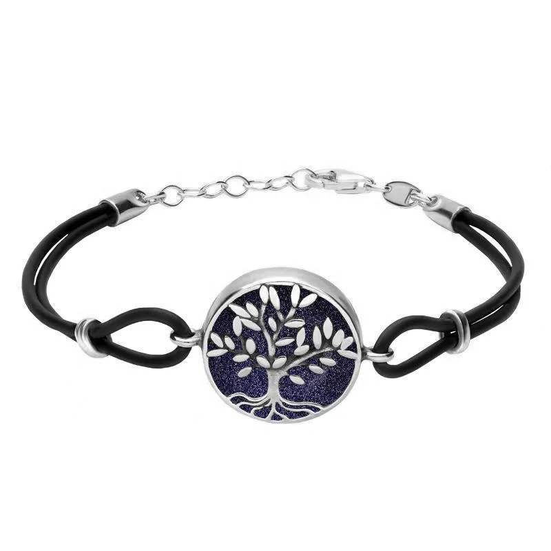 Sterling Silver Blue Goldstone Cord Round Large Leaves Tree Of Life Bracelet sold by Jura Watches