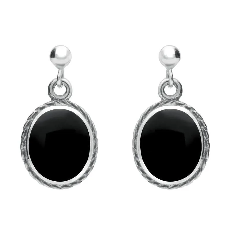 Sterling Silver Whitby Jet Rope Edge Oval Drop Earrings sold by Jura Watches