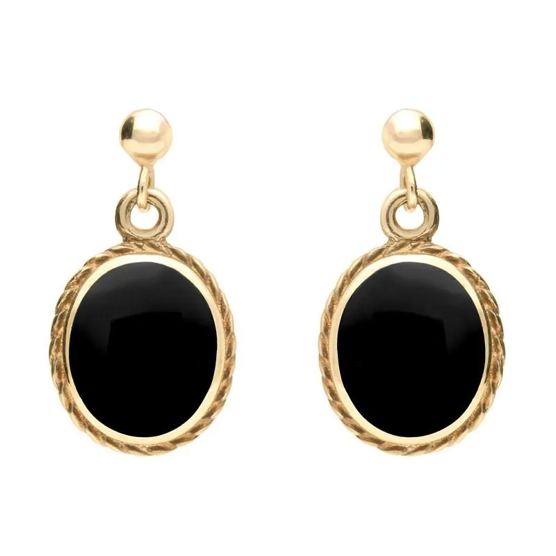 9ct Yellow Gold Whitby Jet Rope Edge Oval Drop Earrings sold by Jura Watches