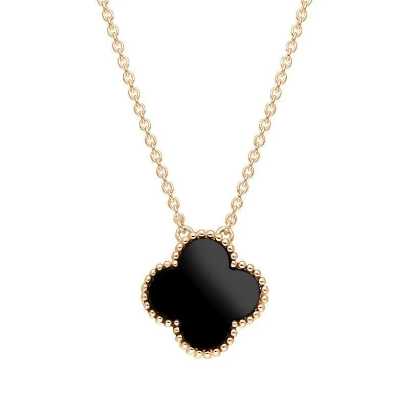 9ct Rose Gold Whitby Jet Bloom Large Four Leaf Clover Ball Edge Chain Necklace sold by Jura Watches