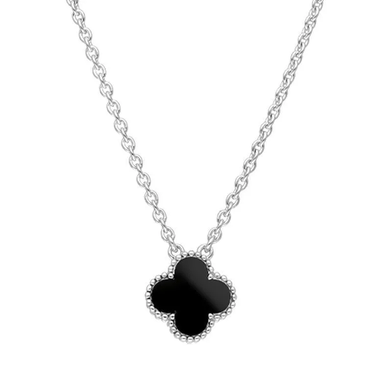 9ct White Gold Whitby Jet Bloom Small Four Leaf Clover Ball Edge Chain Necklace sold by Jura Watches