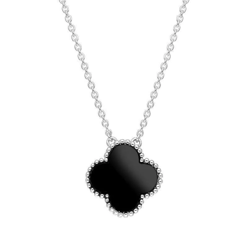 9ct White Gold Whitby Jet Bloom Large Four Leaf Clover Ball Edge Chain Necklace sold by Jura Watches