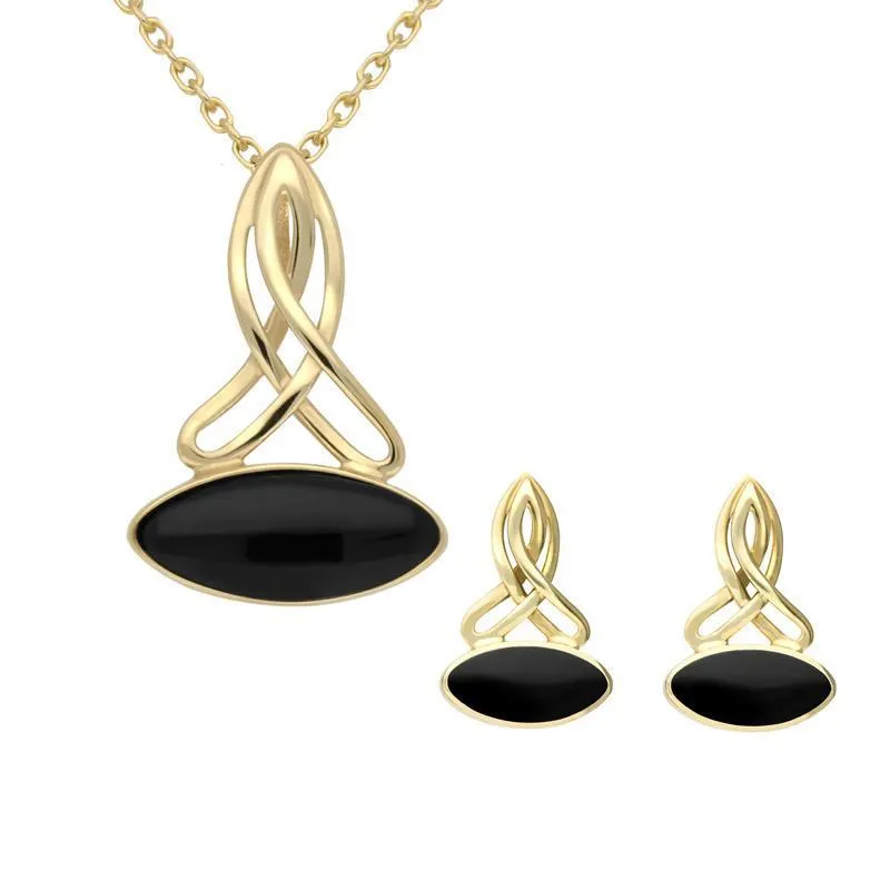 9ct Yellow Gold Whitby Jet Wide Marquise Celtic Two Piece Set sold by Jura Watches