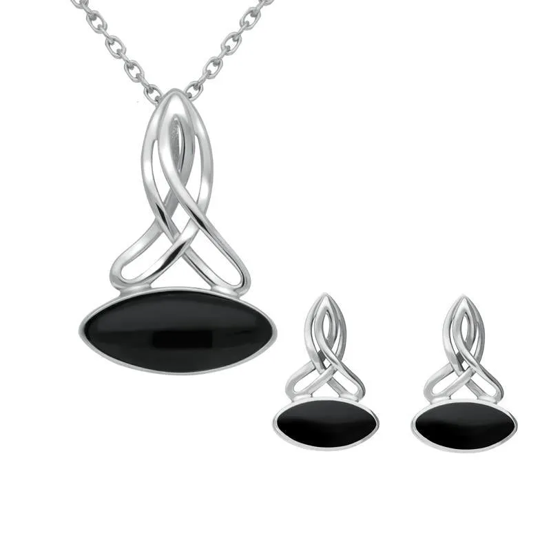 Sterling Silver Whitby Jet Wide Marquise Celtic Two Piece Set sold by Jura Watches