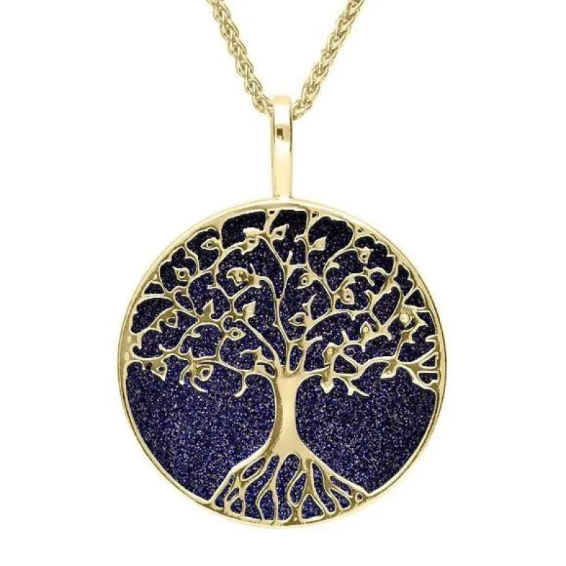 9ct Yellow Gold Blue Goldstone Round Tree Of Life Necklace sold by Jura Watches