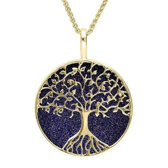 9ct Yellow Gold Blue Goldstone Round Tree Of Life Necklace sold by Jura Watches