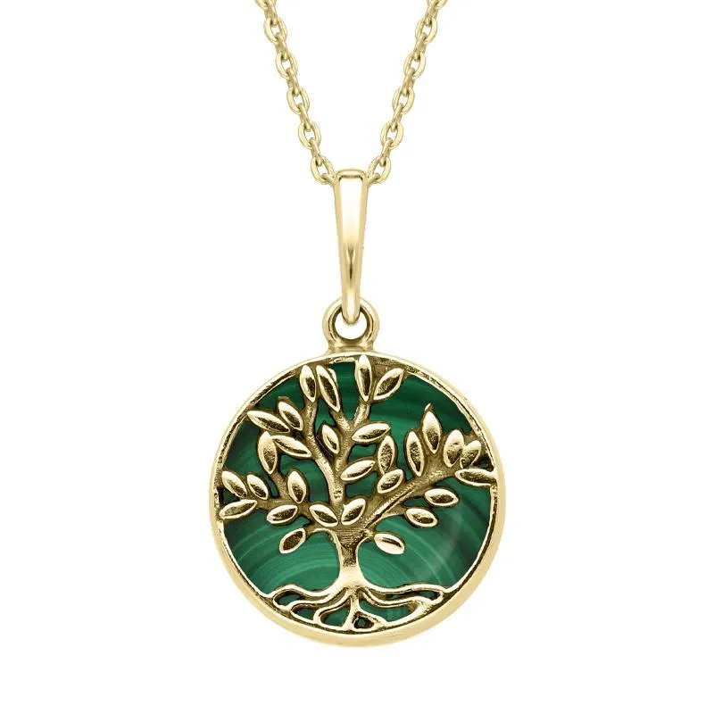 9ct Yellow Gold Malachite Small Round Large Leaves Tree of Life Necklace sold by Jura Watches