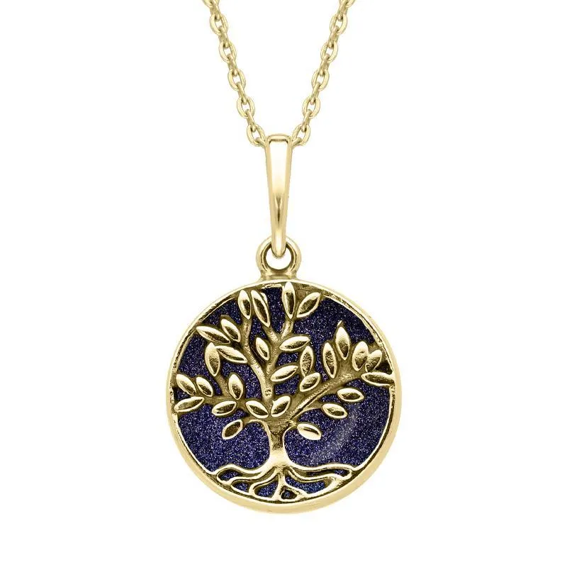 9ct Yellow Gold Blue Goldstone Small Round Large Leaves Tree of Life Necklace sold by Jura Watches