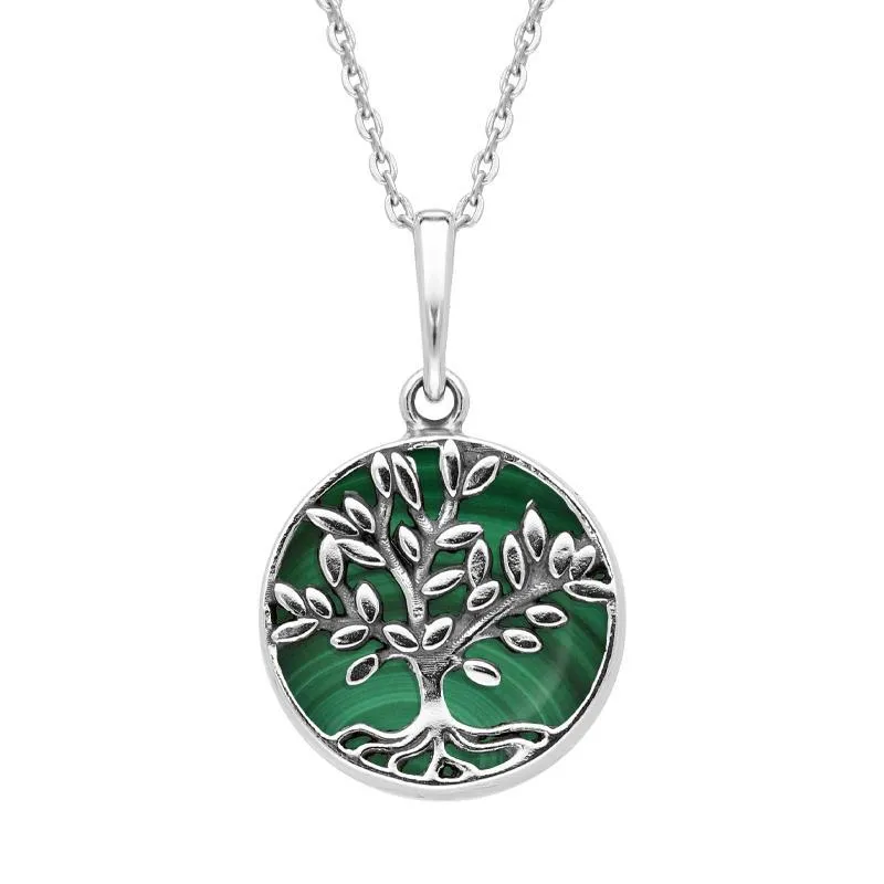 Sterling Silver Malachite Small Round Large Leaves Tree of Life Necklace sold by Jura Watches
