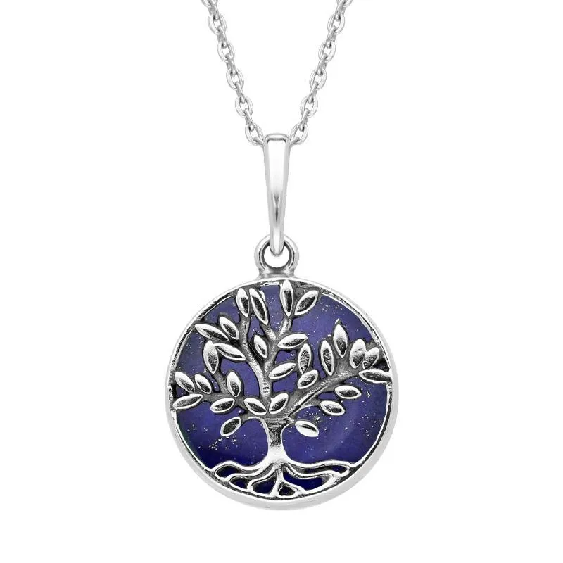 Sterling Silver Lapis Lazuli Small Round Large Leaves Tree of Life Necklace sold by Jura Watches