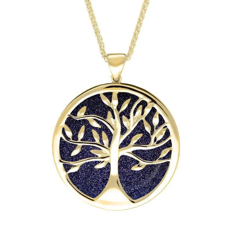 9ct Yellow Gold Blue Goldstone Large Round Tree of Life Necklace sold by Jura Watches
