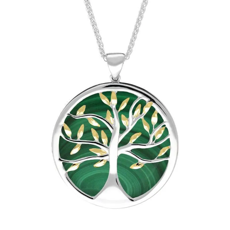 Sterling Silver Yellow Gold Plated Malachite Large Round Tree of Life Necklace sold by Jura Watches