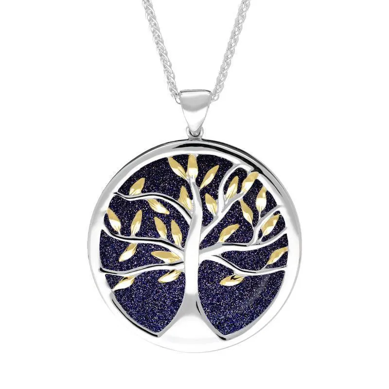 Sterling Silver Yellow Gold Plated Blue Goldstone Large Round Tree of Life Necklace sold by Jura Watches