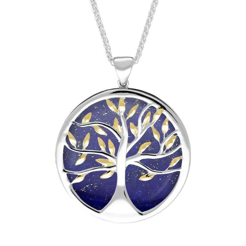 Sterling Silver Yellow Gold Plated Lapis Lazuli Large Round Tree of Life Necklace sold by Jura Watches