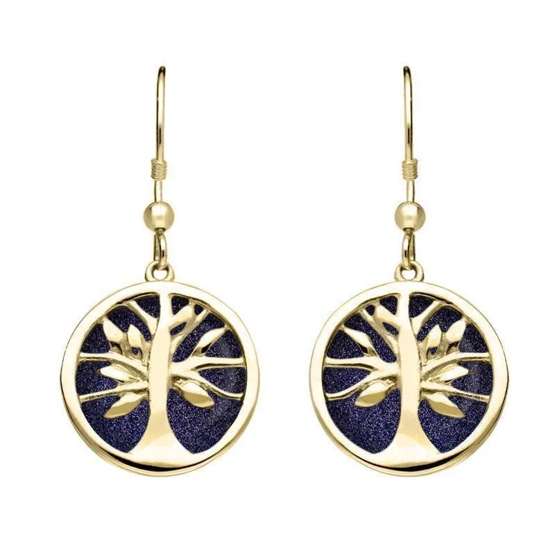 9ct Yellow Gold Blue Goldstone Round Tree of Life Drop Earrings sold by Jura Watches