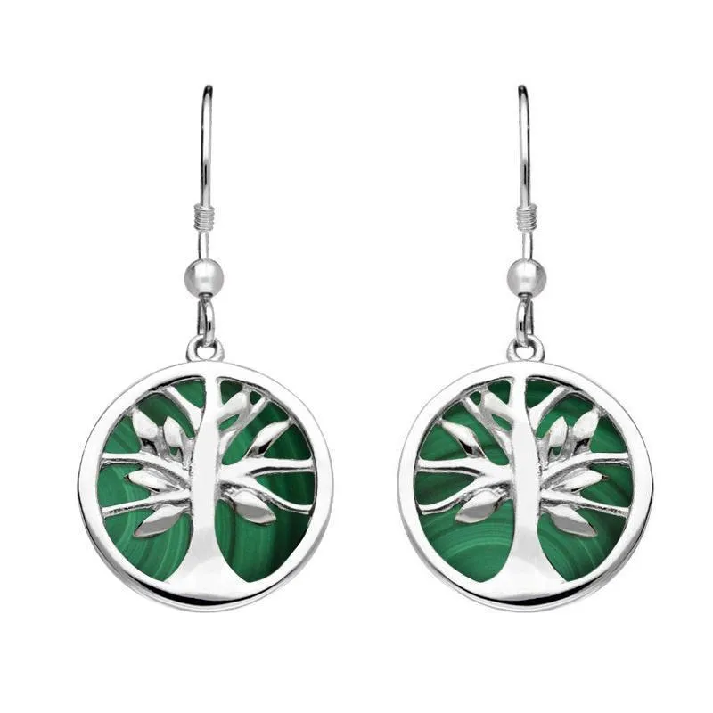 Sterling Silver Malachite Round Tree of Life Drop Earrings sold by Jura Watches