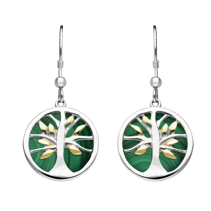 Sterling Silver Gold Plate Malachite Round Tree of Life Drop Earrings sold by Jura Watches