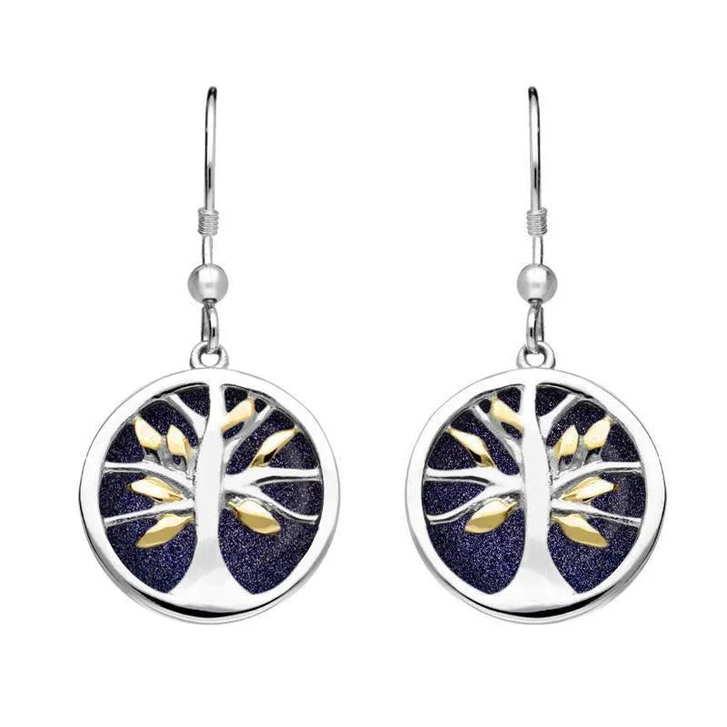 Sterling Silver Gold Plate Blue Goldstone Round Tree of Life Drop Earrings sold by Jura Watches