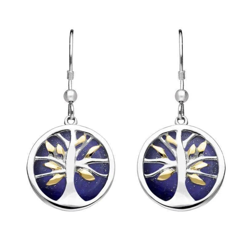 Sterling Silver Gold Plate Lapis Lazuli Round Tree of Life Drop Earrings sold by Jura Watches