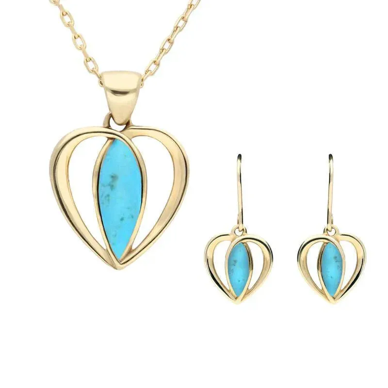 9ct Yellow Gold Turquoise Centre Stone Heart Two Piece Set sold by Jura Watches