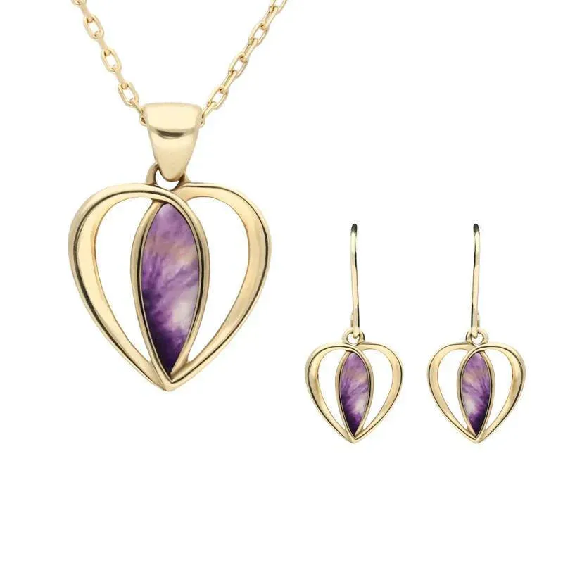 9ct Yellow Gold Blue John Centre Stone Heart Two Piece Set sold by Jura Watches