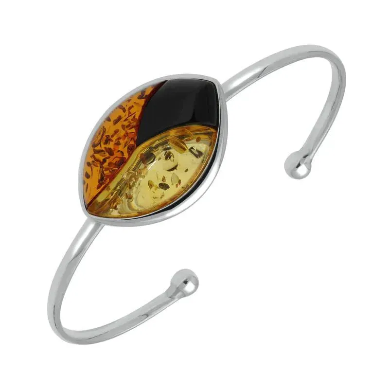 Sterling Silver Whitby Jet Amber Three Stone Marquise Torc Bangle sold by Jura Watches