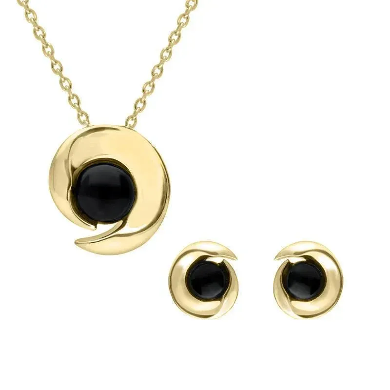 9ct Yellow Gold Whitby Jet Round Spiral Two Piece Set sold by Jura Watches