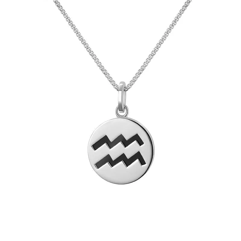 Sterling Silver Whitby Jet Zodiac Aquarius Round Necklace sold by Jura Watches