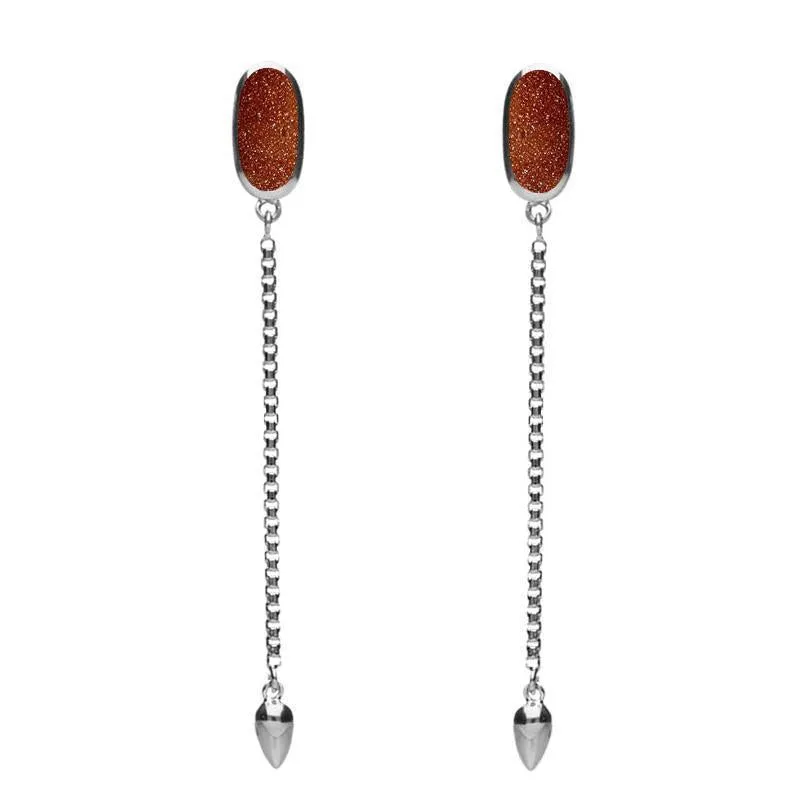 Sterling Silver Brown Goldstone Lineaire Long Drop Stud Earrings sold by Jura Watches