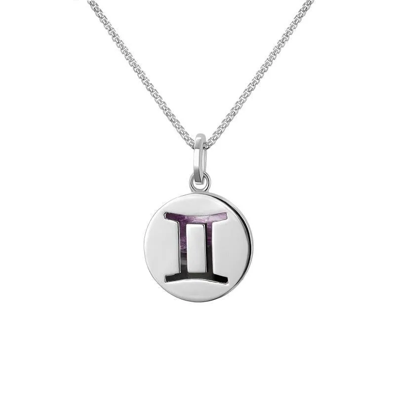 Sterling Silver Blue John  Zodiac Gemini Round Necklace sold by Jura Watches