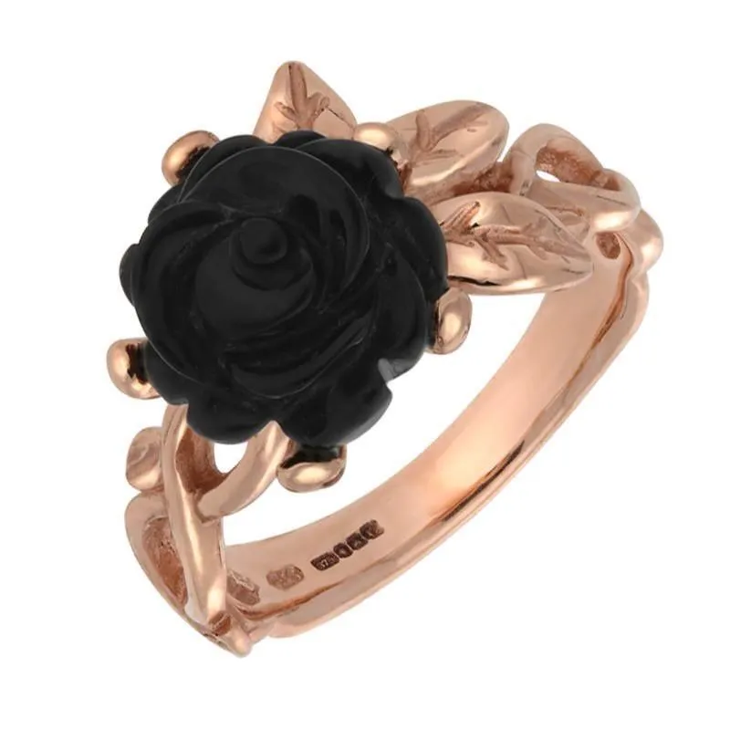 9ct Rose Gold Whitby Jet Tuberose 10mm Rose Leaf Twist Ring sold by Jura Watches