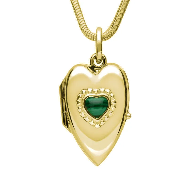 9ct Yellow Gold Malachite Beaded Edge Heart Locket Necklace sold by Jura Watches