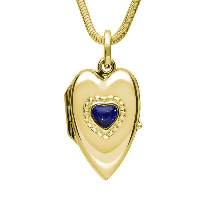 9ct Yellow Gold Lapis Lazuli Beaded Edge Heart Locket Necklace sold by Jura Watches