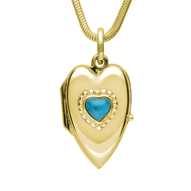 9ct Yellow Gold Turquoise Beaded Edge Heart Locket Necklace sold by Jura Watches