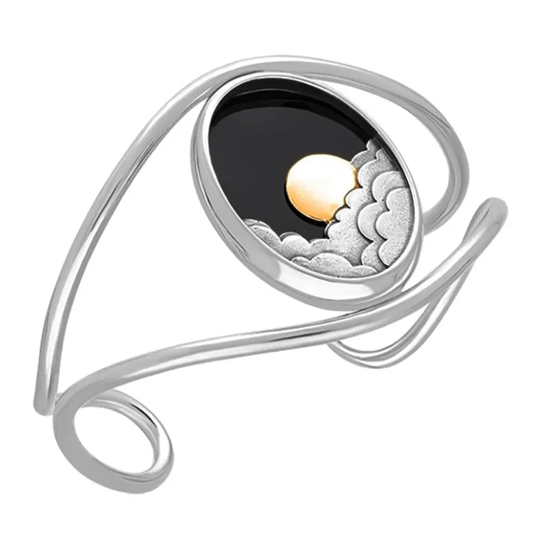 Sterling Silver and Yellow Gold Plated Whitby Jet Moon and Cloud Cuff Bangle sold by Jura Watches
